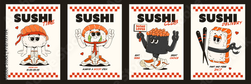 A set of cool sushi posters. Trendy retro groovy character style. Sushi roll delivery. Brochures for restaurants, bar, cafe.	