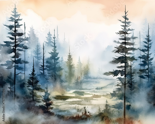 A painting of a forest with trees and a river