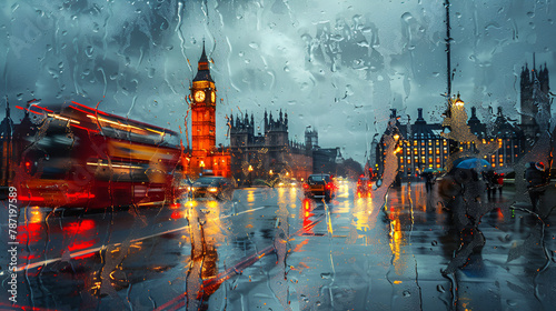 Painting of London in the Rain in an abstract expression, generative Ai