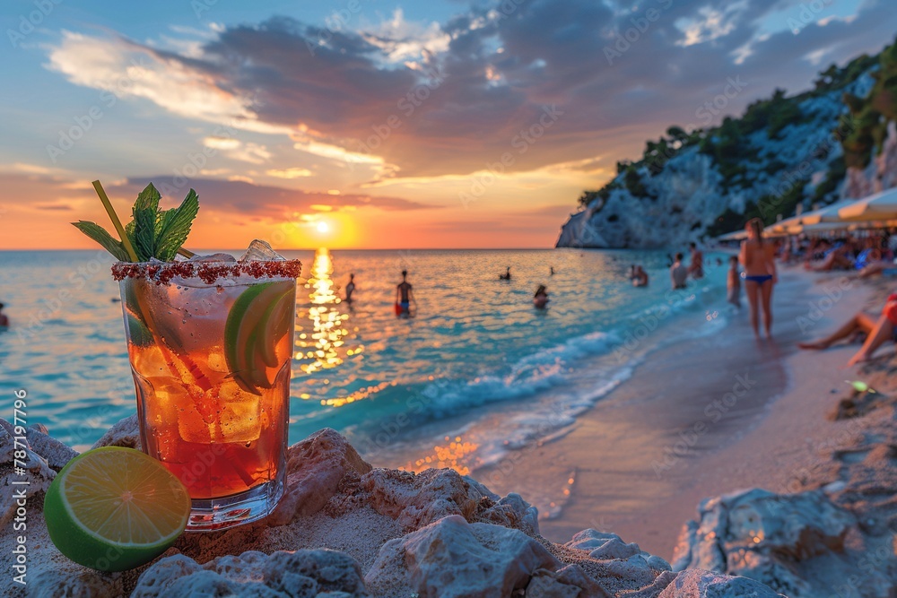 Experience the epitome of luxury with this professional marketing photograph capturing models elegantly savoring tropical drinks at a beachside kiosk Experience the epitome of luxury with this professional marketing photograph capturing models elegantly savoring tropical drinks at a beachside kiosk