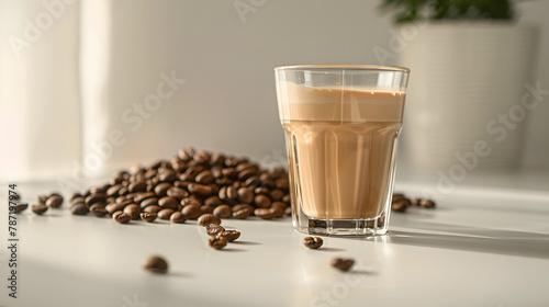 close up of double glass cup of fresh latte coffee with coffee beans on white table and copy space : Generative AI © Generative AI