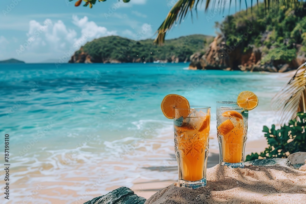 Experience the epitome of luxury with this professional marketing photograph capturing models elegantly savoring tropical drinks at a beachside kiosk Experience the epitome of luxury with this professional marketing photograph capturing models elegantly savoring tropical drinks at a beachside kiosk