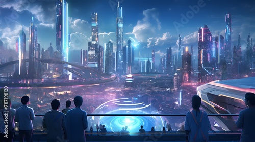 Attend a futuristic cityscape tugether party with AI-generated hovercars, holograms, and cyborgs in a high-tech celebration of the future photo