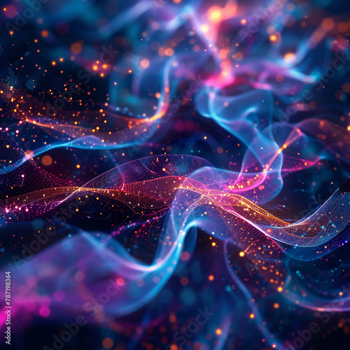 Neon waves and threads with light, bright colors, dark background.