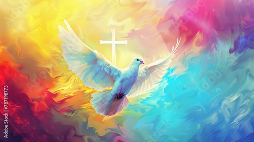 Vibrant and colorful religious background perfect for social media posts. Peaceful Holy dove, cross, and other symbolic elements of Christianity, artistically rendered to inspire faith and devotion. photo