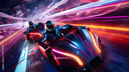 Attend a futuristic racing arena tugether party with AI-generated vehicles, futuristic tracks, and high-speed competition in a celebration of adrenaline-fueled excitement photo