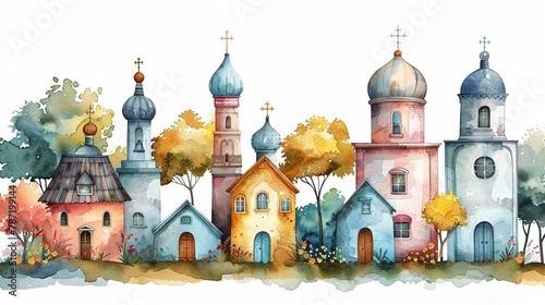 a clipart set that is different watercolor illustrations of wedding chapels photo