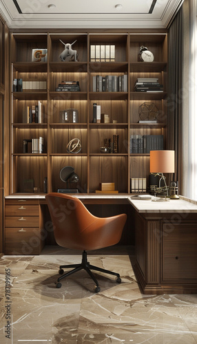 Stylish home office interior with a spacious desk, ergonomic chair, and shelves lined with books, creating an inspiring workspace for productivity, © shahrukh
