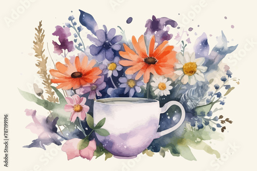 Watercolor cup with flowers. Flower bouquet.