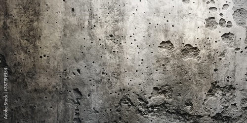 A close-up view of a concrete wall exhibiting weathered holes, marks, and textures, highlighting the effects of aging and elements
