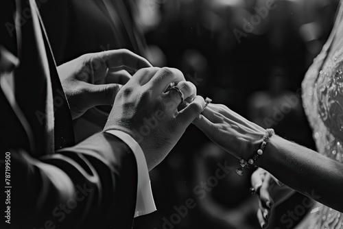 Groom's hand putting the wedding ring on the bride's finger. Image black and white