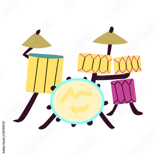 Yellow and purple drums set vector design. Drum kit in flat style vector illustration isolated. Drum set with cymbals musical instruments, clipart. Percussion instruments family for concert.