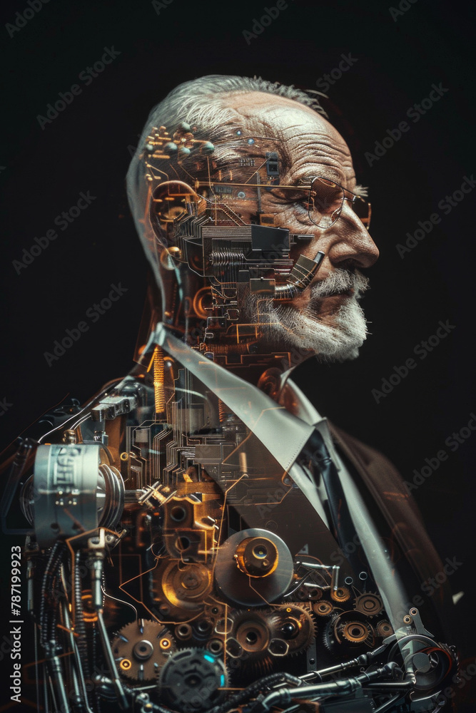 An old man with part of his face is transparent and showing the machine inside his head An old man with part of his face is transparent and showing the machine inside his head