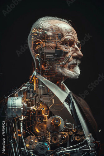 An old man with part of his face is transparent and showing the machine inside his head