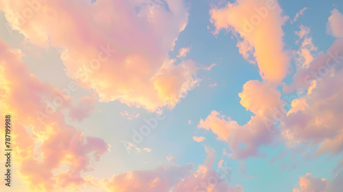 Clear blue sky glowing pink and golden cirrus and cumulus clouds after storm soft sunlight Dramatic sunset cloudscape Meteorology heaven peace graphic resources picturesque panoramic s : Generative AI photo