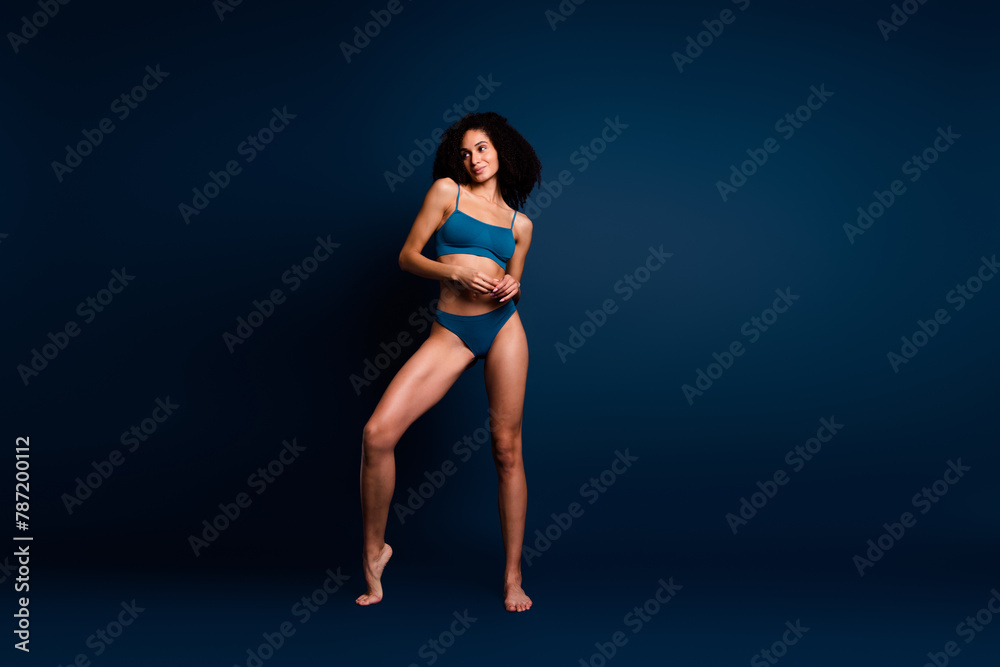 No filter photo of pretty cute lady underwear lingerie accepting stretching marks skin empty space isolated blue color background