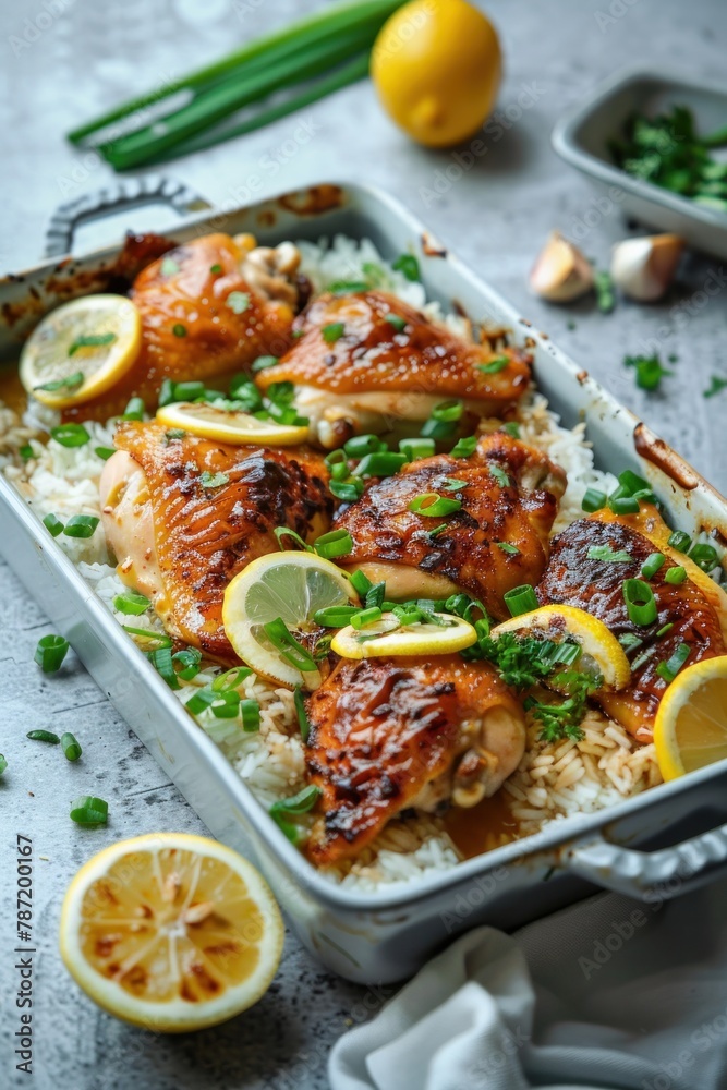 golden, crispy-skinned chicken pieces with boiled rice