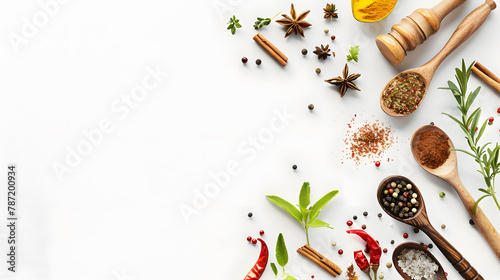 Food background with spices herbs and utensil on white background : Generative AI