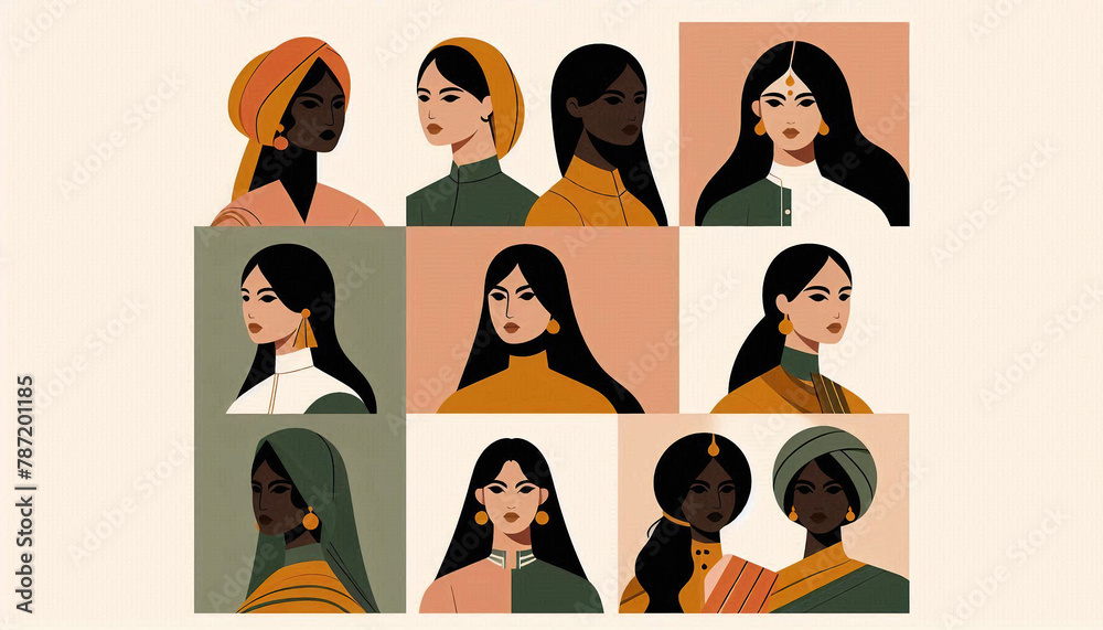 a diverse range of women from various ethnic backgrounds, The style is minimal and trendy, reflecting the unique cultural attire of each individual - obrazy, fototapety, plakaty 