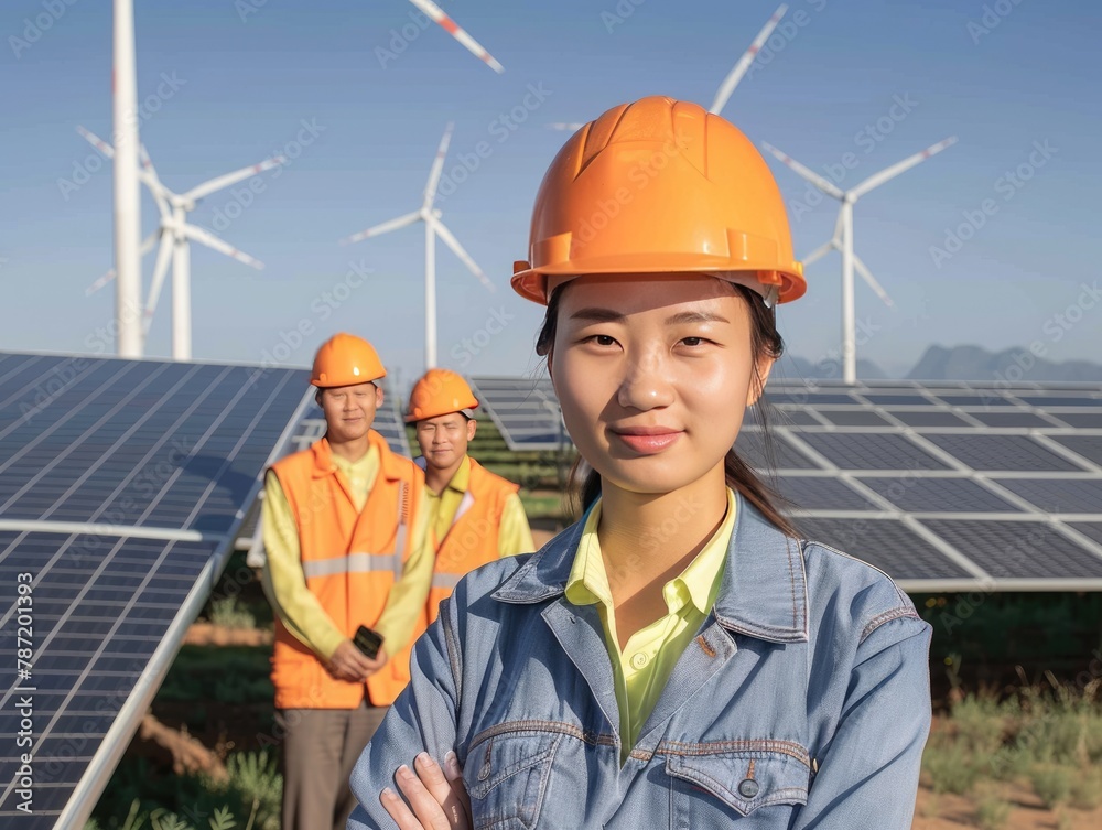 Female engineer standing next to the solar panel Female engineer standing next to the solar panel
