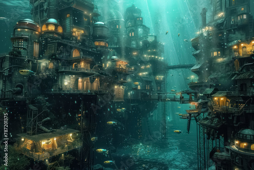 underwater cityscape with illuminated buildings and aquatic atmosphere
