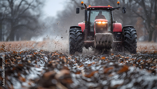 Red tractor plowing wet farmland with mud splatter in a rural landscape. Agriculture and farming concept for design and editorial use photo