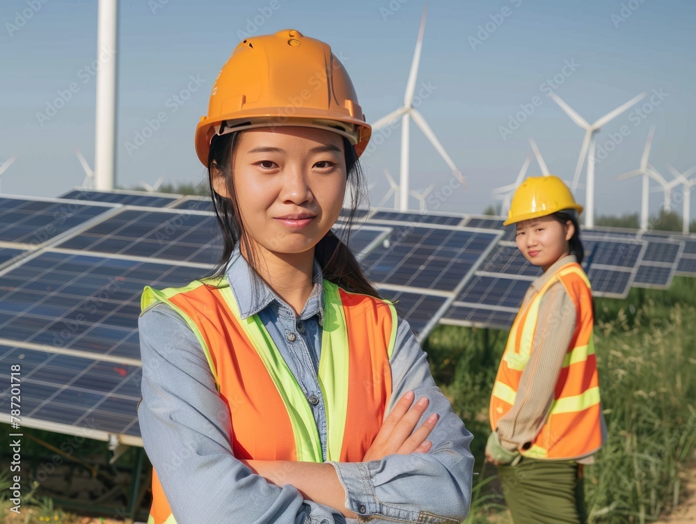Female engineer standing next to the solar panel Female engineer standing next to the solar panel