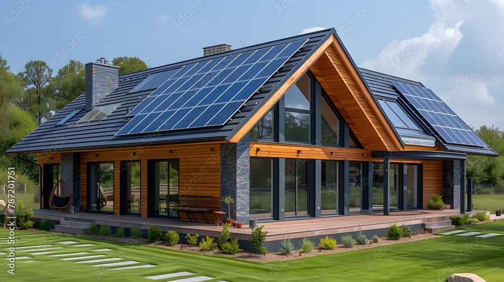 Modern eco-friendly wooden house with large windows and solar panels. Lush green lawn with a clear blue sky. Sustainable living and renewable energy concept. Design for real estate, architecture Modern eco-friendly wooden house with large windows and solar panels. Lush green lawn with a clear blue sky. Sustainable living and renewable energy concept. Design for real estate, architecture