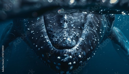 Underwater close-up of a large blue whale surfacing from the deep blue ocean waters.