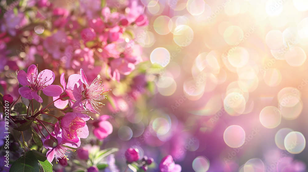 A branch of pink flowers with a blurred background of light.

