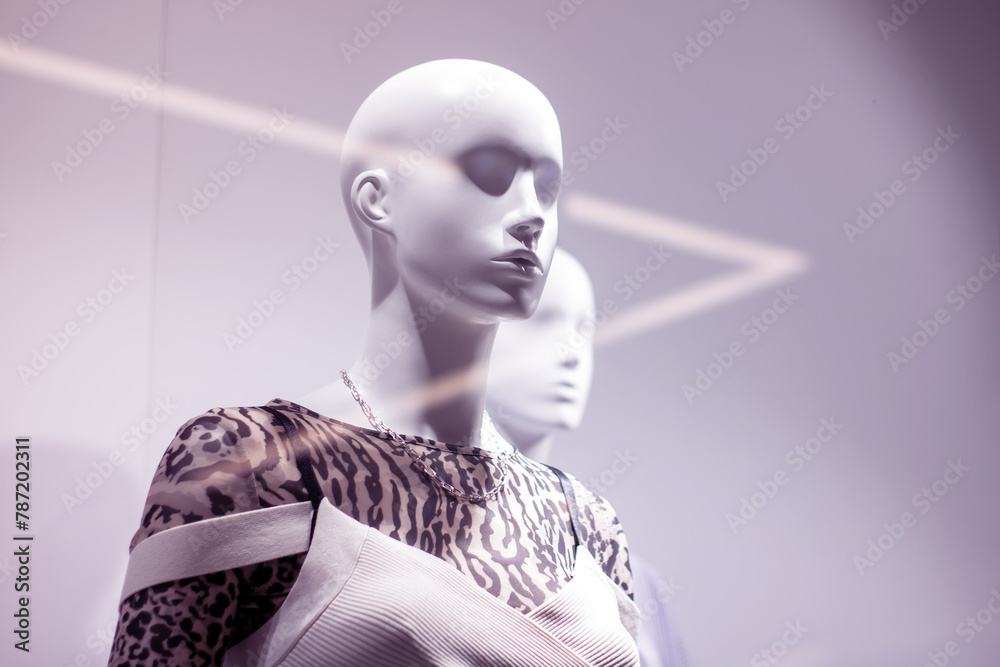 Mannequin in leopard top stands near another mannequin Mannequin in leopard top stands near another mannequin