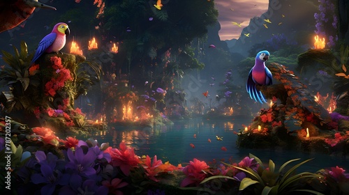Attend a tropical rainforest tugether party with AI-generated exotic animals and jungle spirits in a vibrant celebration of nature
