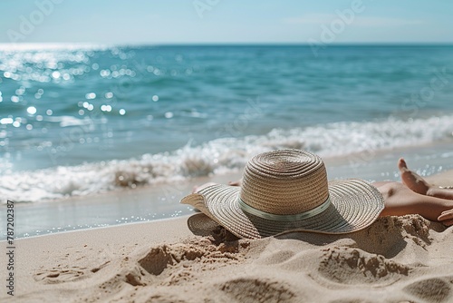 Immerse yourself in the tranquility of this professional shot capturing a serene European beach scene on a sunny summer day. Beachgoers relish in sunbathing