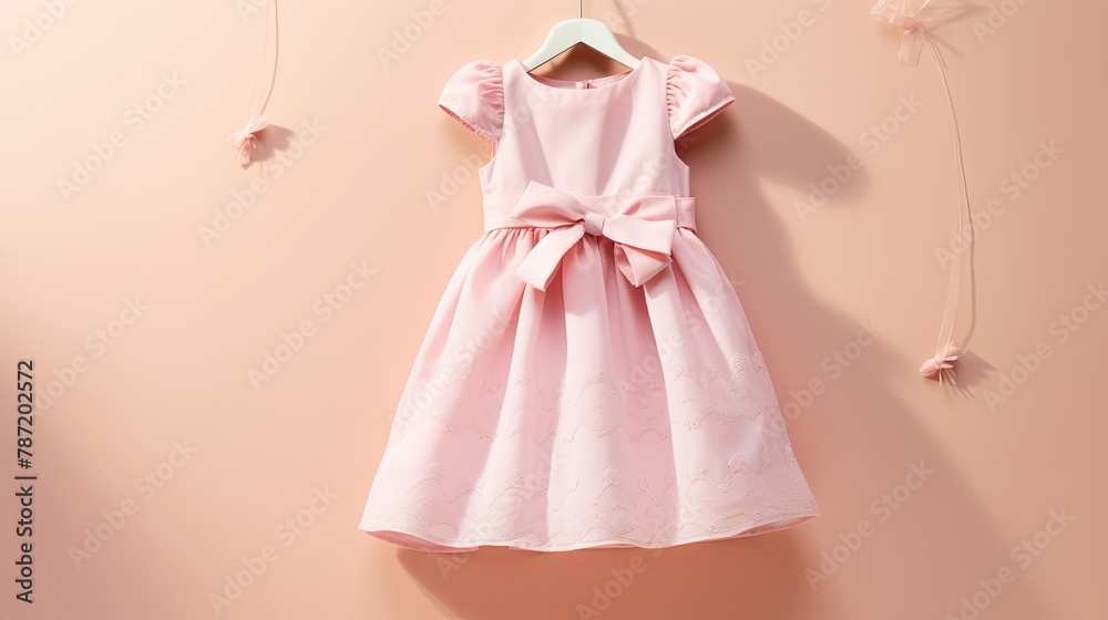child baby clothes pink dress with bow for little princess on pastel background, copy space