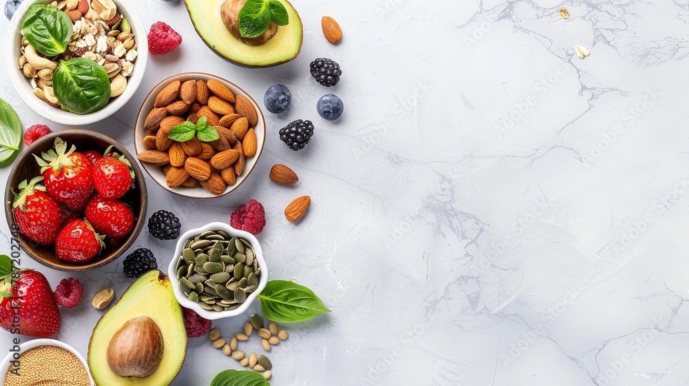 organic food. Fresh berries, nuts, seeds, avocado on light concrete background , copy space