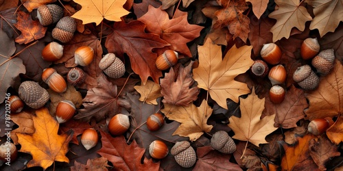 Rich display of seasonal abundance, this image captures autumnal nuts and leaves strewn across a dark backdrop