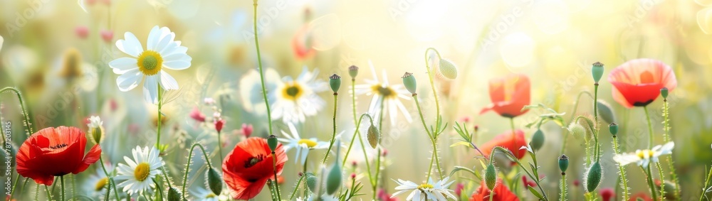 Obraz premium Vibrant Wildflower Meadow: Colorful Blossoms Under Summer Sun