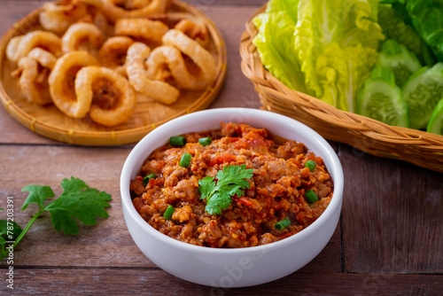 Spicy minced pork and tomato dip (Nam Prik Aong), Northern thai food