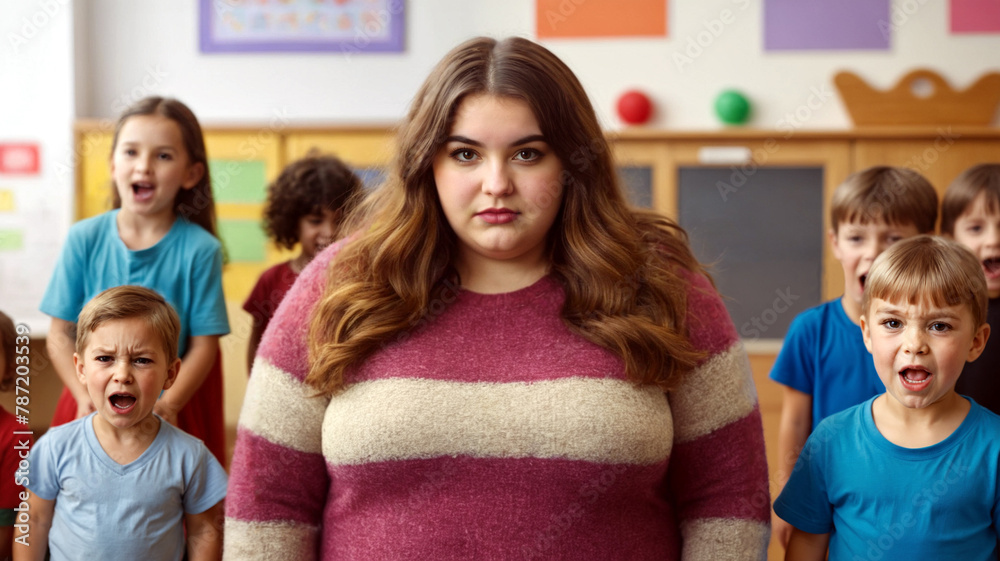 Nagging, screaming toddlers in a kindergarten, kindergarten teacher is overwhelmed, young adult woman or teenage girl, slightly overweight or fat, wearing sweater, feeling uncomfortable