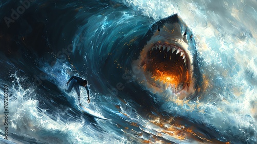 Illustration of a surfer escaping a shark by catching a fastmoving wave, thrilling scene