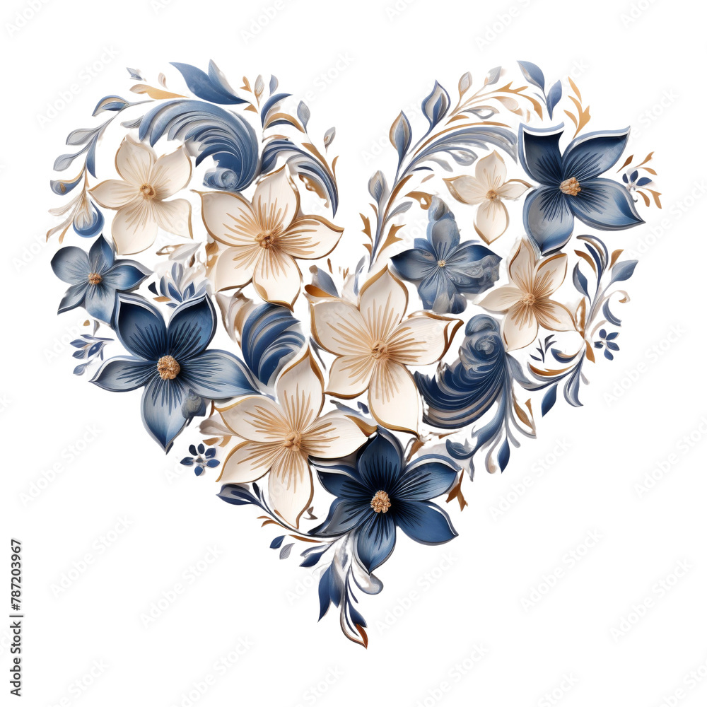 Floral heart shape made of blue and white flowers on transparent ...