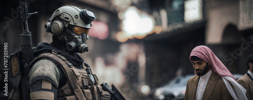 Soldier with heavy armor and metal helmet and goggles, armed, stands guard and patrols to ensure security in the city