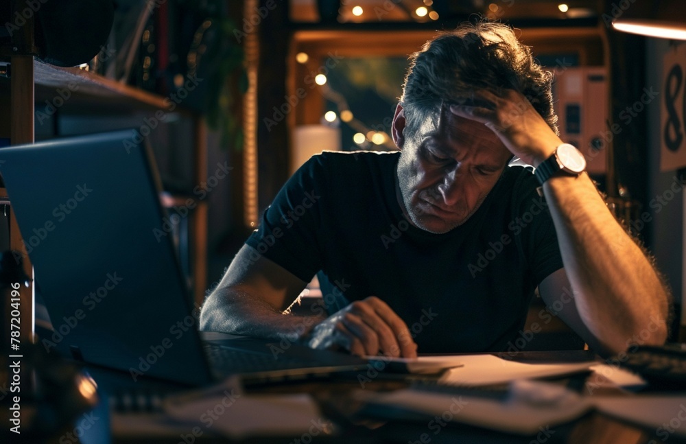 A Tired man is sitting and working on a laptop in a home setting in the evening. person working on laptop A Tired man is sitting and working on a laptop in a home setting in the evening. person working on laptop