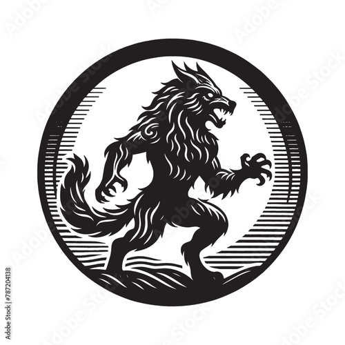 Wolf werewolf. Vintage old black engraving illustration, round emblem, icon