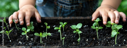 close-up of a child's hands planting plants in the ground