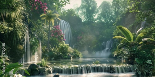 A serene jungle environment with waterfalls, lush vegetation, and a clear water pool inviting calm and reflection