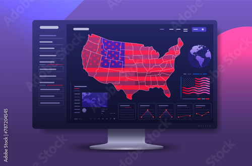 USA presidential election statistic banner with infographics American Election campaign statistics with map and data graphs on computer monitor