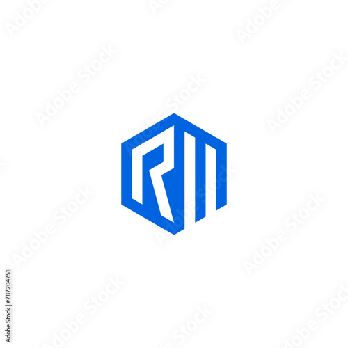 RM monogram logo inside hexagon shape - blue