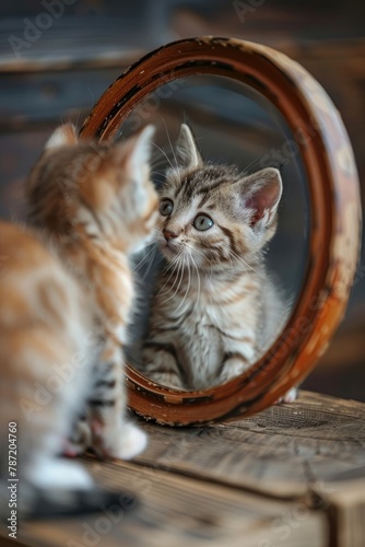 a little cat looks in the mirror. selective focus