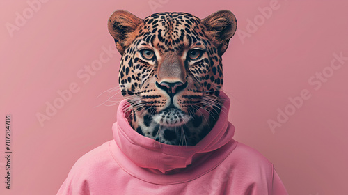Pastel pink illustrated portrait of a leopard standing on a pink background, generative Ai